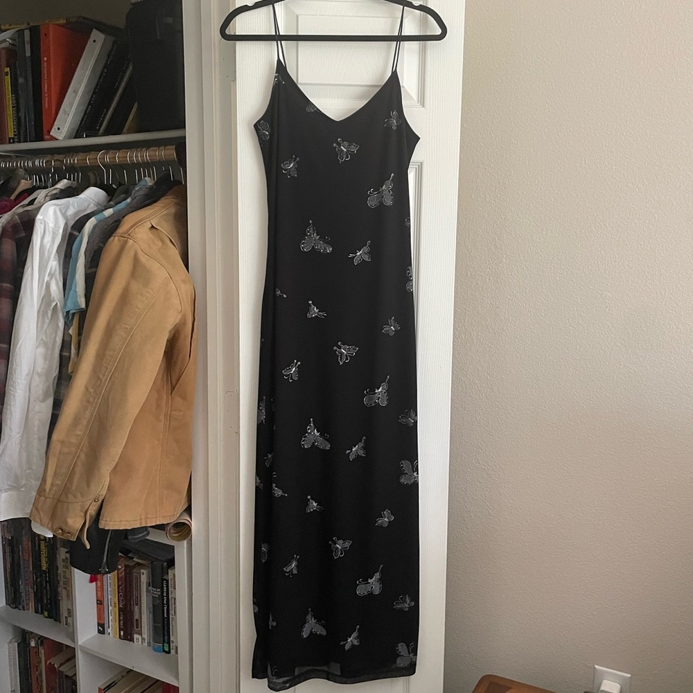 Vintage 90s Y2K Black Slip Dress W/ Silver Butterflies